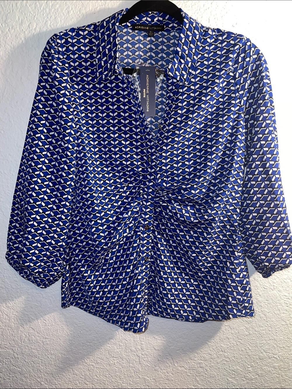 Adrienne Vittadini Royal Blue and White Geometric Button-Front Shirt